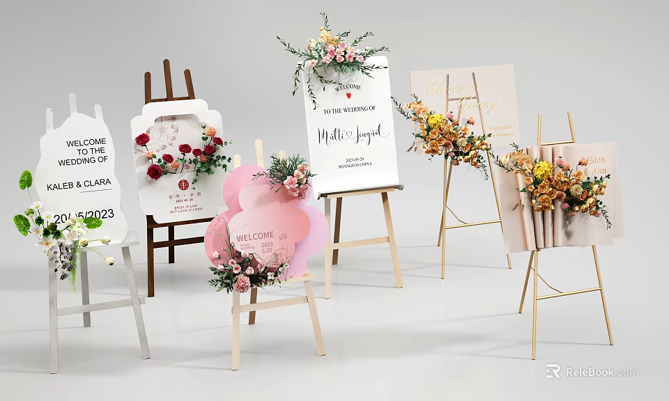 Commercial Display Equipment Easels With Welcome Signs And Flower Decorations For Events 3d model 