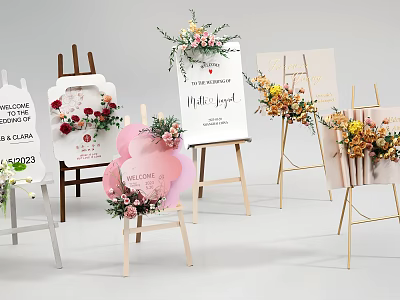 Commercial Display Equipment Easels With Welcome Signs And Flower Decorations For Events 3d model