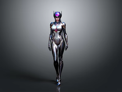 Futuristic Female Robot In Sleek Silver Bodysuit With Purple Helmet And Glowing Accents 3d model