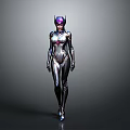Futuristic Female Robot In Sleek Silver Bodysuit With Purple Helmet And Glowing Accents