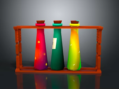 Three Colorful Conical Medical Device Bottles on Wooden Shelf in Medical Lab Setting 3d model