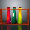 Three Colorful Conical Medical Device Bottles on Wooden Shelf in Medical Lab Setting
