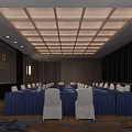 Formal Conference Room With Blue Tablecloths White Chair Covers And Grid Ceiling