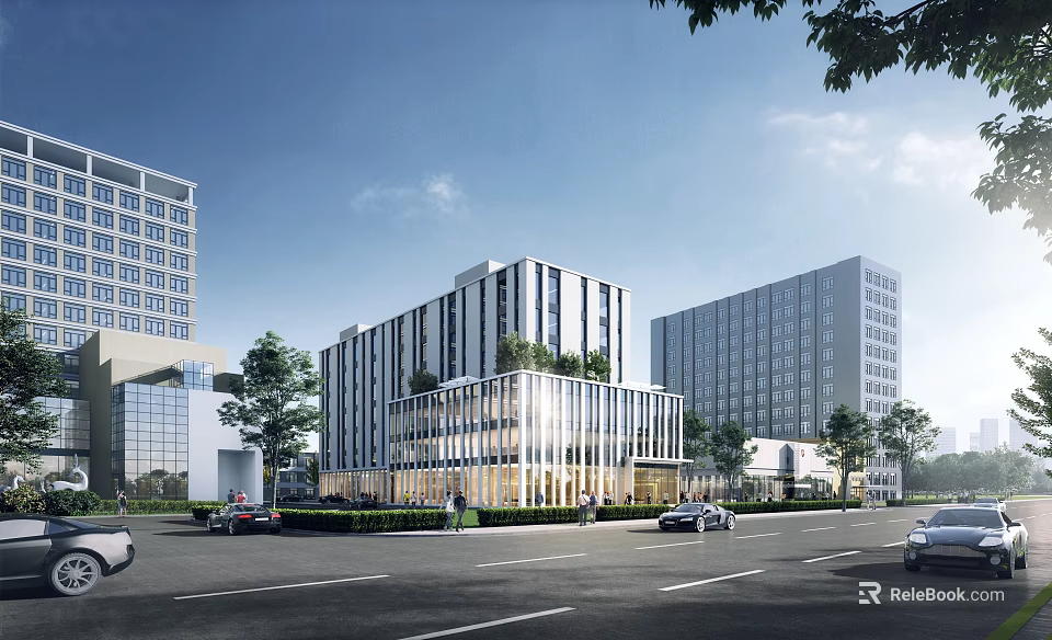 Modern Office Building Exterior With Glass Facade Trees And Street Vehicles 3d model 