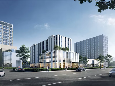 Modern Office Building Exterior With Glass Facade Trees And Street Vehicles 3d model