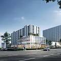 Modern Office Building Exterior With Glass Facade Trees And Street Vehicles