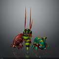 Vibrant Red Green Blue Fantasy Animal Figurines With Long Antennae And Shiny Carapaces