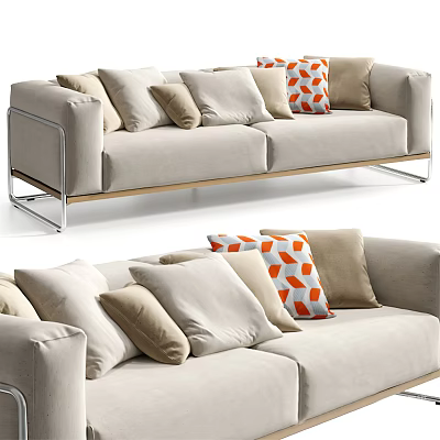 Modern Minimalist Beige Two-Seater Sofa With Patterned Cushions And Metal Wooden Frame 3d model