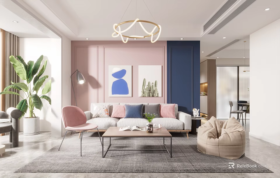 Modern Living Dining Room Interior With Pink Blue Walls Sofa Pillows And Decorative Paintings 3d model 