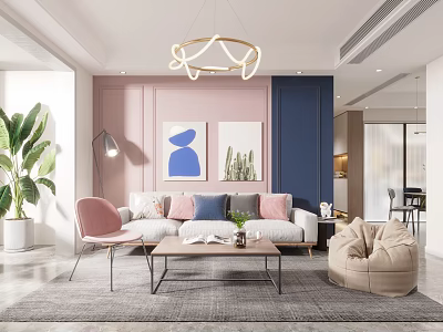 Modern Living Dining Room Interior With Pink Blue Walls Sofa Pillows And Decorative Paintings 3d model