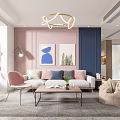 Modern Living Dining Room Interior With Pink Blue Walls Sofa Pillows And Decorative Paintings