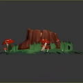 Wooden Stone Tree Stump Surrounded By Red Spotted Mushrooms And Green Grass