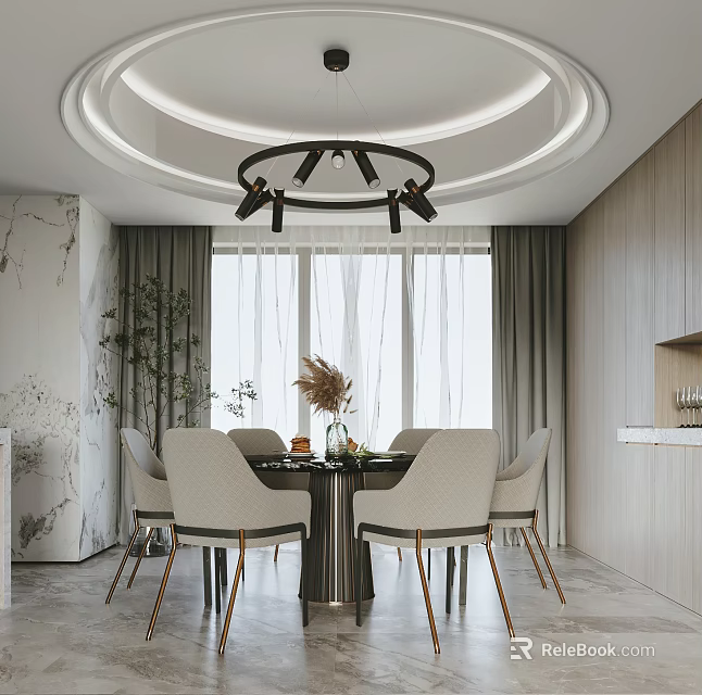 Modern Restaurant Interior Design With Round Dining Table Beige Chairs Pendant Light And Wooden Elements 3d model 