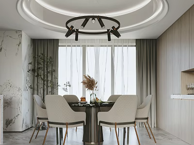 Modern Restaurant Interior Design With Round Dining Table Beige Chairs Pendant Light And Wooden Elements 3d model