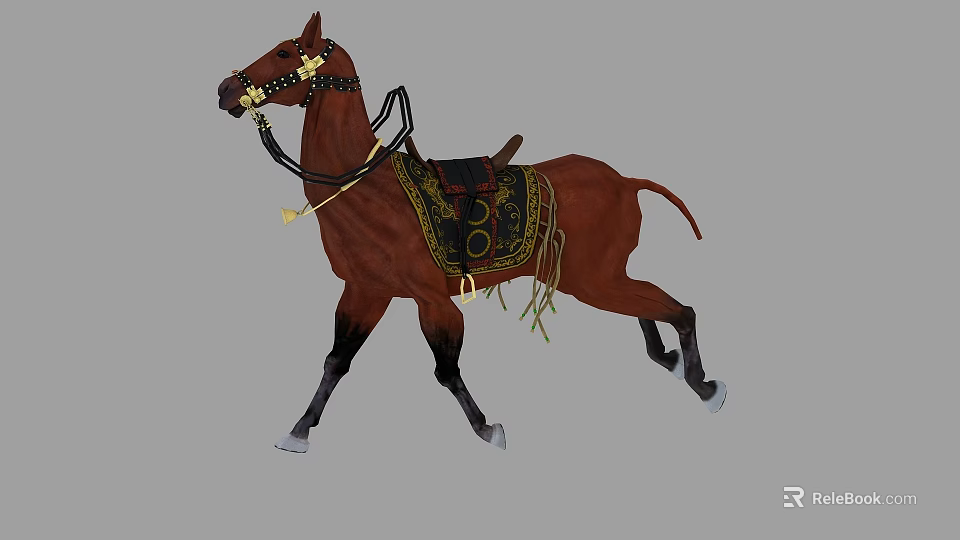 Brown Horse Walking With Decorative Harness Reins And Intricate Patterned Saddle 3d model 