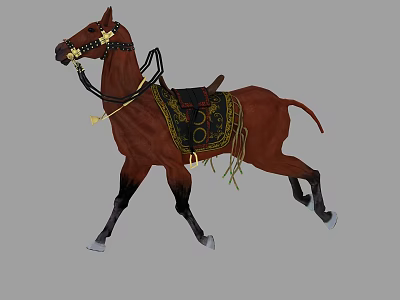 Brown Horse Walking With Decorative Harness Reins And Intricate Patterned Saddle 3d model