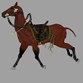 Brown Horse Walking With Decorative Harness Reins And Intricate Patterned Saddle