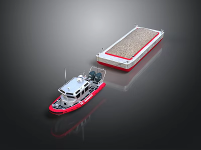 Small Red and White Tugboat With Large Cargo Barge on Water Surface 3d model