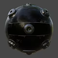 Black Spherical Object With Metallic Components And Shiny Surface Features