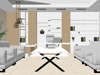Modern Office Interior Design With White Sofas Work Desk Bookshelves Green Plants And Minimalist Decor 3d model