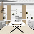 Modern Office Interior Design With White Sofas Work Desk Bookshelves Green Plants And Minimalist Decor