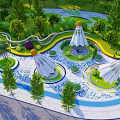 Park Landscape With Winding Paths Lush Trees Circular Lawns And White Spire Structures 3d model