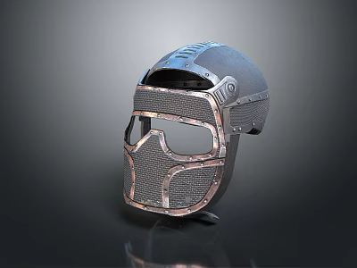 Silver And Bronze Metallic Helmet With Mesh Visor And Intricate Structure Displayed On Stand 3d model