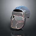 Silver And Bronze Metallic Helmet With Mesh Visor And Intricate Structure Displayed On Stand