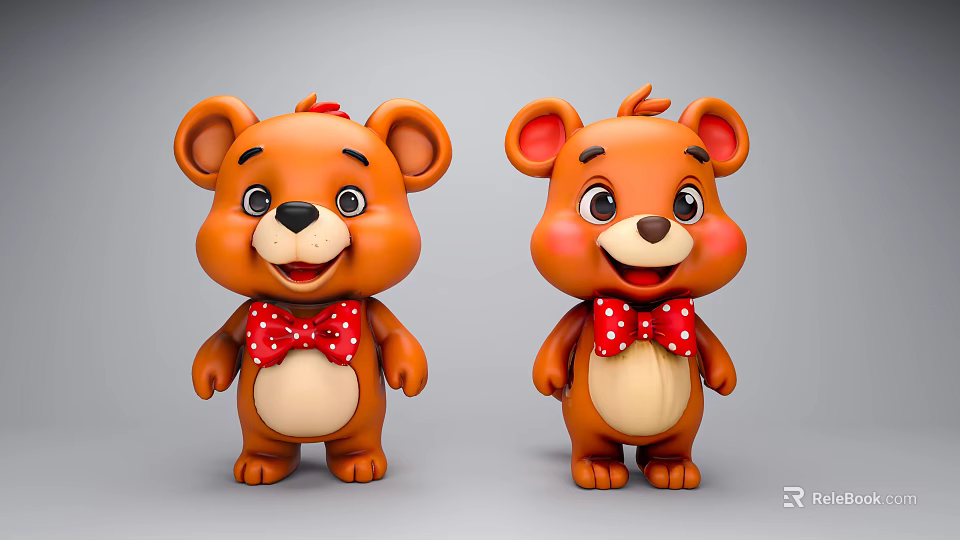 Two Adorable Orange Cartoon Bear Figurines With Red Bow Ties And Smiling Expressions 3d model 