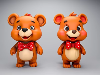 Two Adorable Orange Cartoon Bear Figurines With Red Bow Ties And Smiling Expressions 3d model