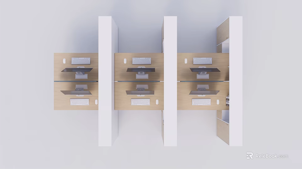 Multiple Modern Office Desks Interior Design with Wooden Tabletops and White Cabinets 3d model 