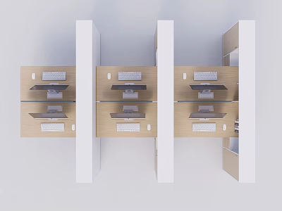 Multiple Modern Office Desks Interior Design with Wooden Tabletops and White Cabinets 3d model