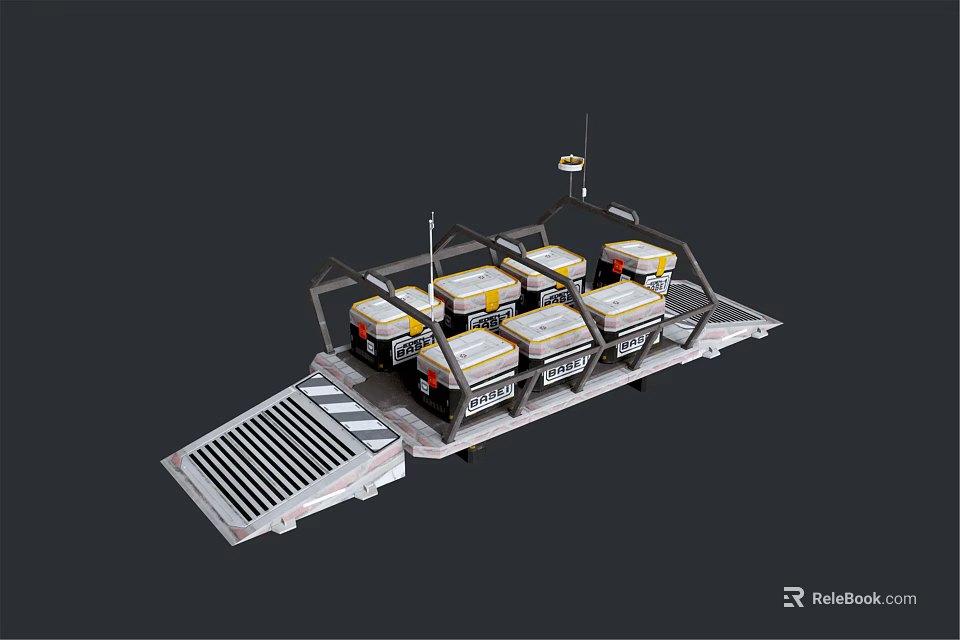 Industrial Metal Frame Loading Platform With Multiple Yellow Top Containers And Ramp 3d model
