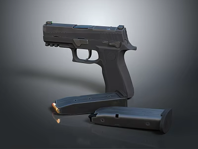 Black Tactical Pistol With Two Magazines And Bullets On Gray Background 3d model