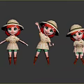 Cute Cartoon Girl With Red Hair Green Eyes In Explorer Outfit And Different Poses