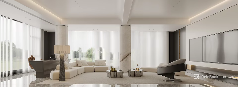 Elegant Modern Living Room Interior With White Sofa Marble Columns Floor-to-Ceiling Windows Blinds Rug Coffee Tables 3d model 