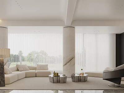 Elegant Modern Living Room Interior With White Sofa Marble Columns Floor-to-Ceiling Windows Blinds Rug Coffee Tables 3d model