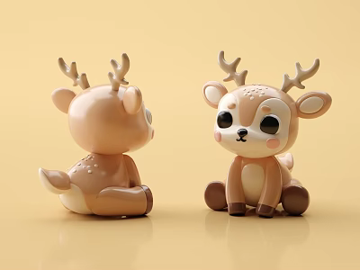 Adorable Brown Deer Stuffed Toys Sitting With Antlers On Yellow Background 3d model