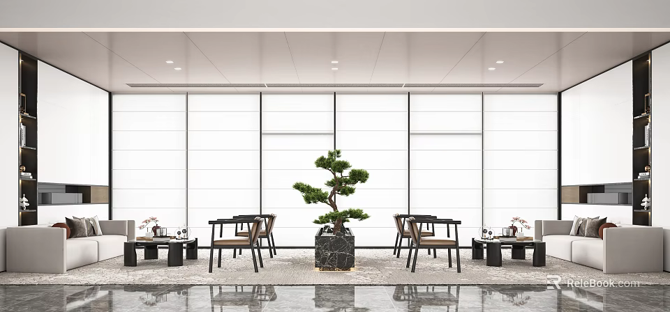 Modern Hotel Public Lounge With Large Windows Pine Tree Plant And Tables Chairs 3d model 