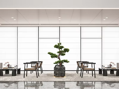 Modern Hotel Public Lounge With Large Windows Pine Tree Plant And Tables Chairs 3d model