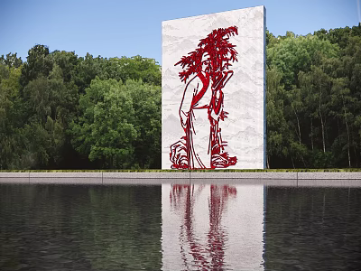 Landscape Garden With Red Sculpture On White Wall Featuring Water Reflection And Green Trees 3d model