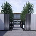 Modern Garden Landscape Entrance With Sliding Metal Screens Lighting And Water Surface