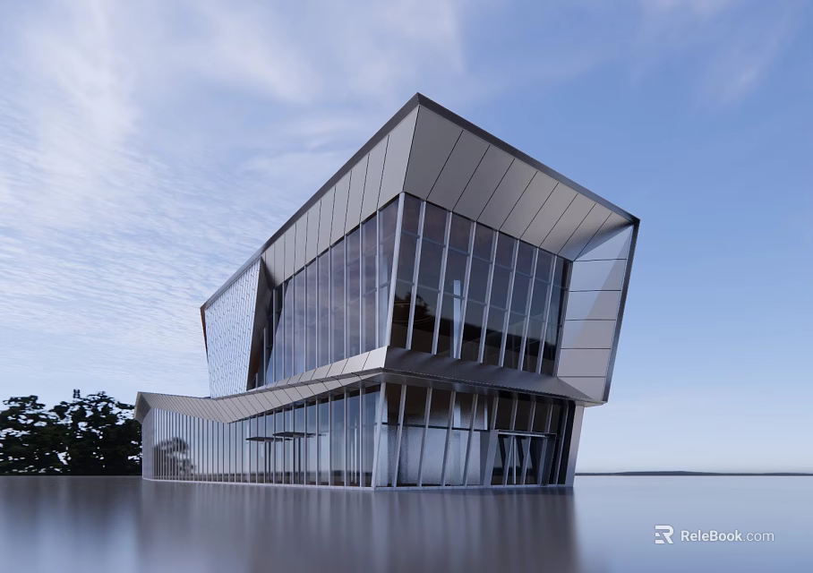 Modern Sales Office Building With Glass Facade And Unique Architectural Design By Water 3d model 