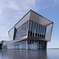 Modern Sales Office Building With Glass Facade And Unique Architectural Design By Water