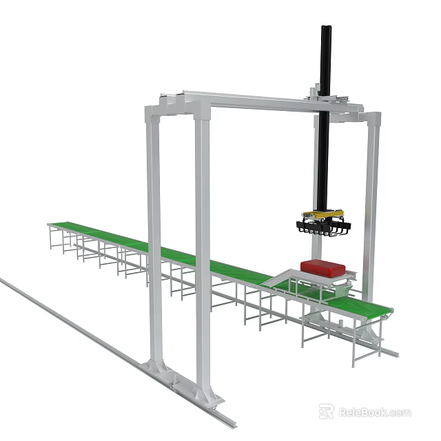 Automated Gantry Handling System With Green Conveyor Belt And Red Object 3d model 