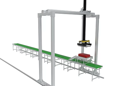 Automated Gantry Handling System With Green Conveyor Belt And Red Object 3d model