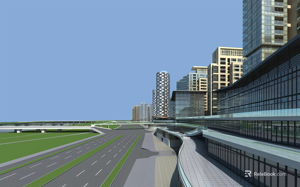 Modern High Rise Residential Buildings in Urban With Wide Road Green Space Glass Curtain Walls 3d model 