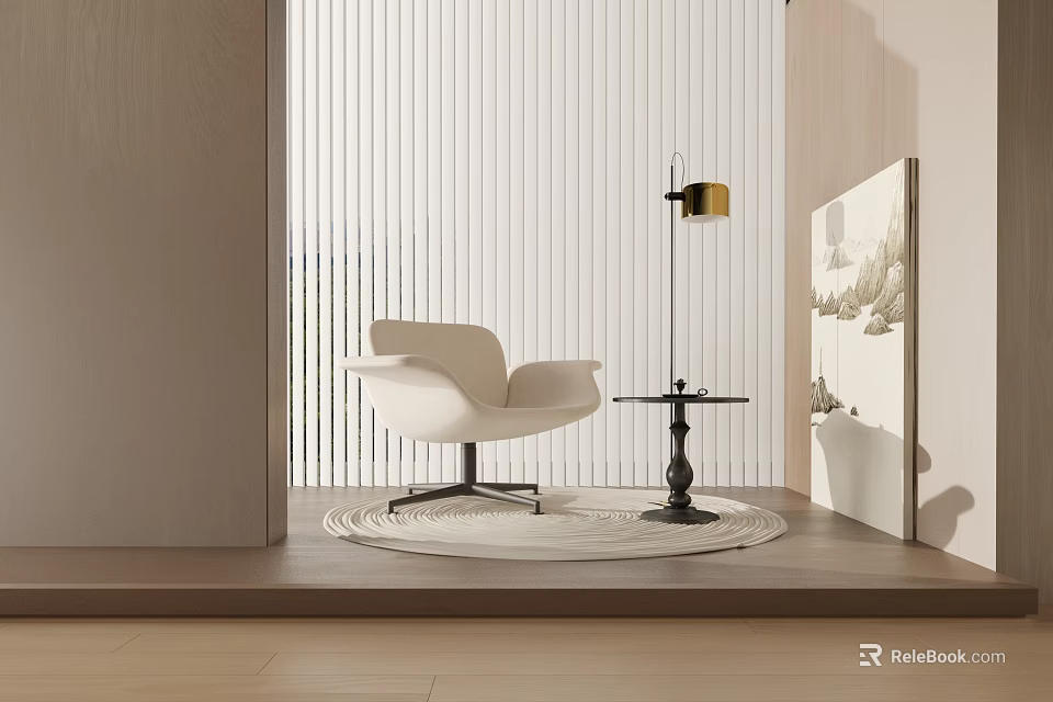 White Accent Leisure Chair With Floor Lamp Side Table And Window Blinds On Wooden Floor 3d model 