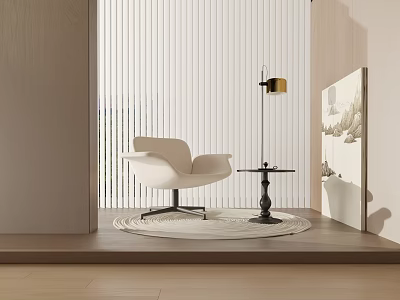 White Accent Leisure Chair With Floor Lamp Side Table And Window Blinds On Wooden Floor 3d model
