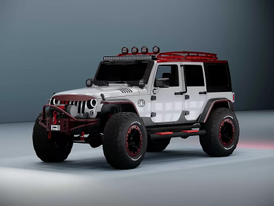 White Off Road Car With Red Roof Rack Roof Lights Large Tires And Black Wheels 3d model